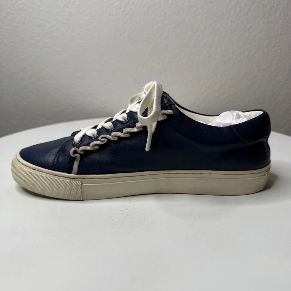 Tory Burch Sport Blue Ruffle Leather Lace Up Low Top Sneakers Logo Size 8.5